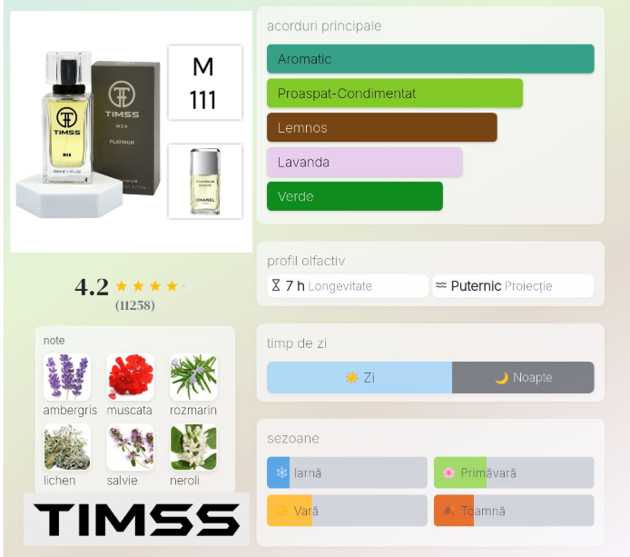 Parfum TIMSS Men 111 Platinum - Inspirat de Chanel Egoiste Platinum