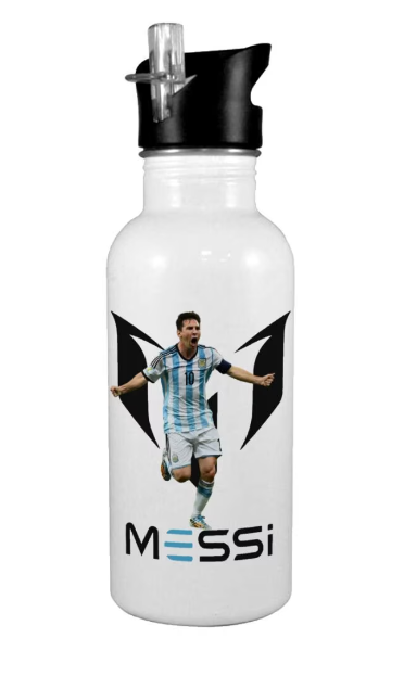 Sticlă Leo Messi, Inox, cu pai, 600 ml, Alb (LIVRARE: 7 ZILE)