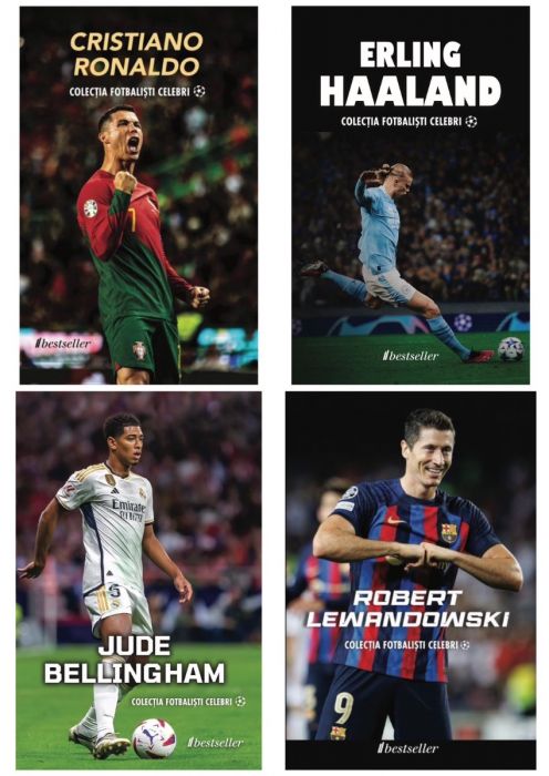 Set Top 4 Cărți Colecția Fotbaliști Celebri: Cristiano Ronaldo, Erling Haaland, Robert Lewandowski și Jude Bellingham