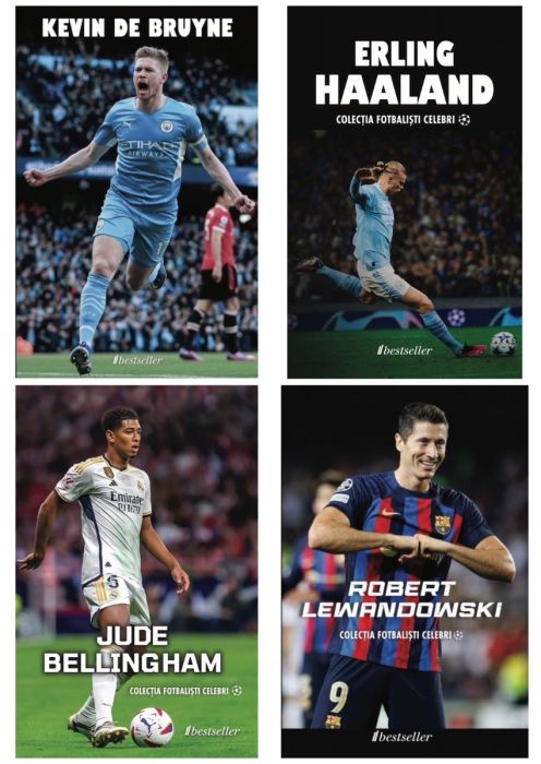 Set Top 4 Cărți Colecția Fotbaliști Celebri: Kevin De Bruyne, Erling Haaland, Robert Lewandowski și Jude Bellingham