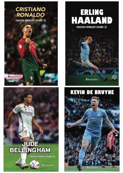 Set Top 4 Cărți Colecția Fotbaliști Celebri: Cristiano Ronaldo, Kevin De Bruyne, Erling Haaland și Jude Bellingham
