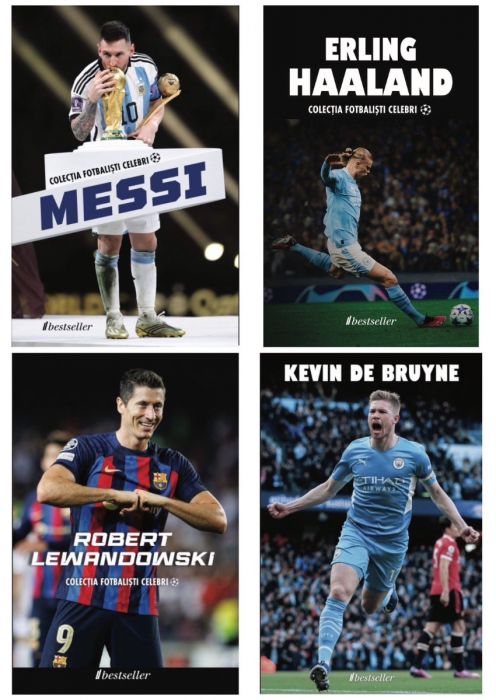 Set Top 4 Cărți Colecția Fotbaliști Celebri: Lionel Messi, Kevin De Bruyne, Erling Haaland și Robert Lewandowski