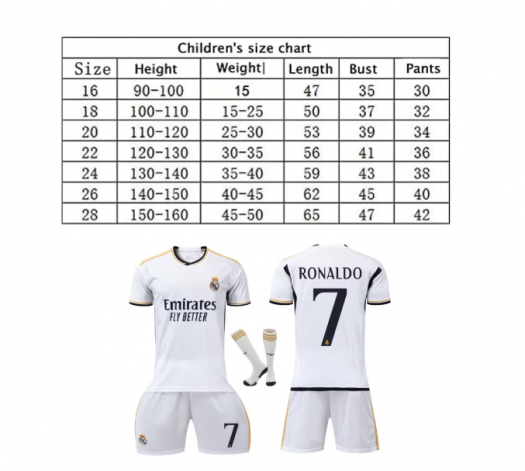 Echipament Sportiv Copii Real Madrid Ronaldo Tricouri de Fotbal, Alb (LIVRARE 15 ZILE)